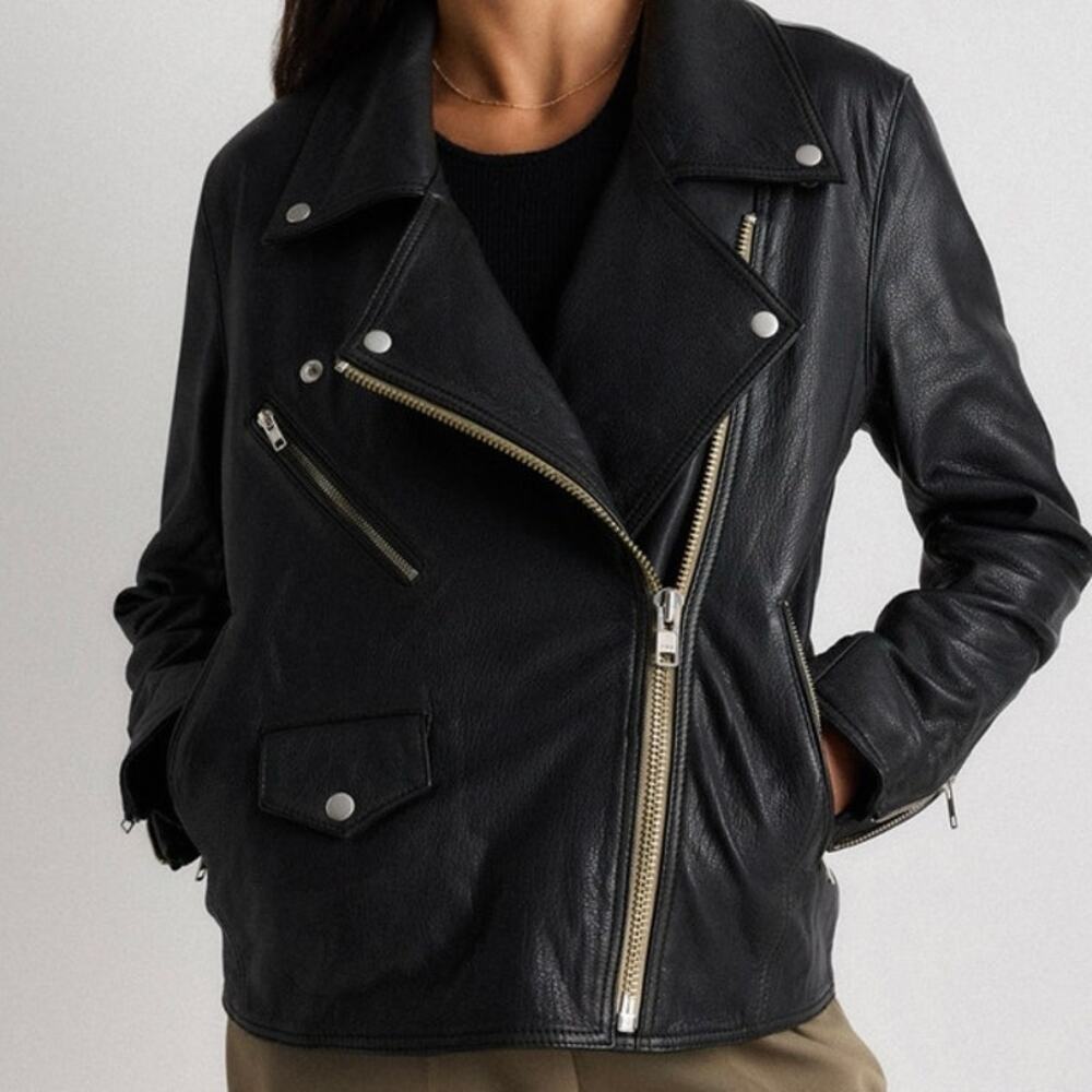 Quince Black Leather Asymmetric Moto Jacket
